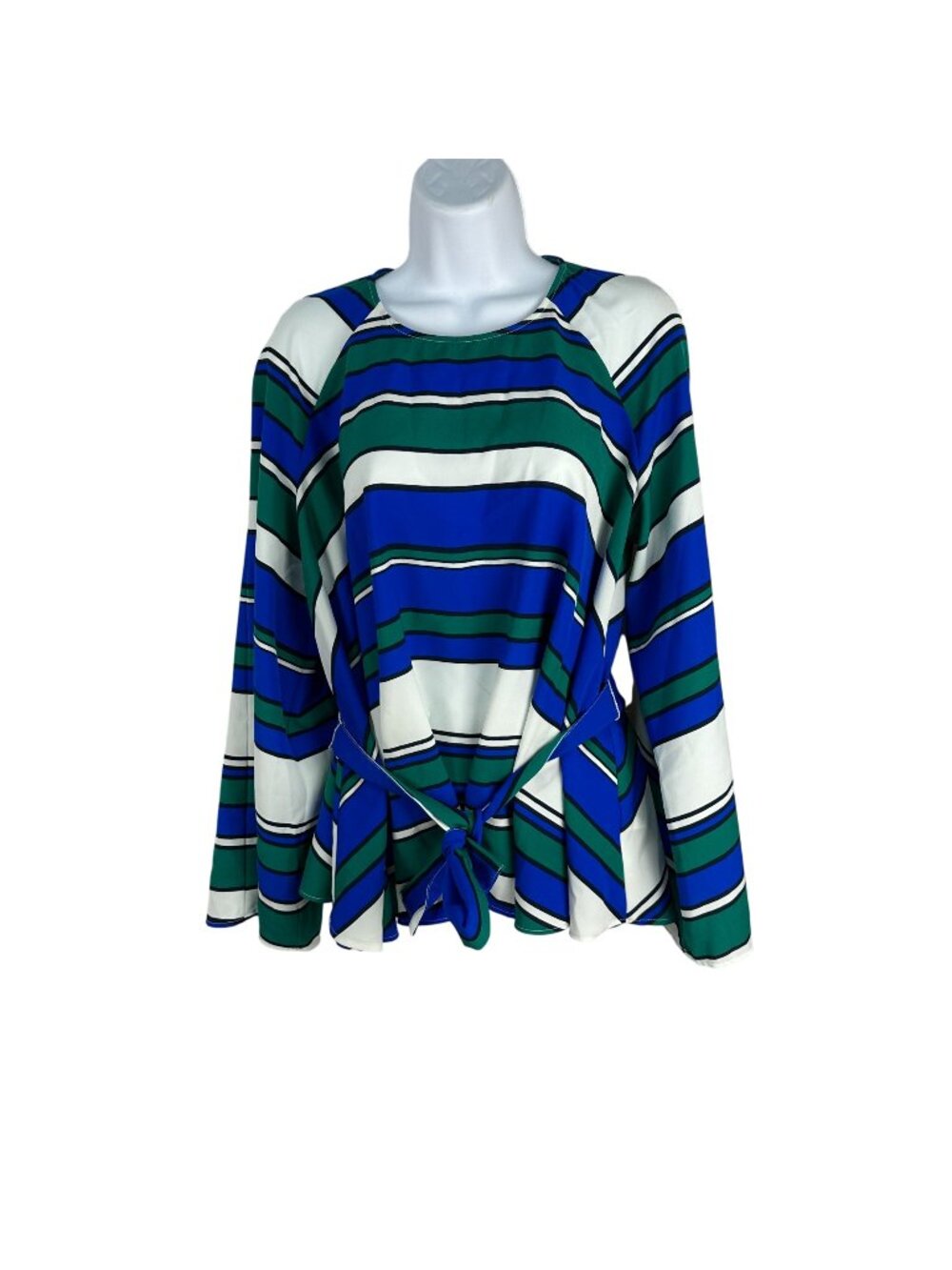 H&M Womens Striped Belted Long Sleeve Top Size 10 Green/Blue/White